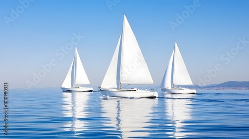 Three elegant sailboats glide over calm waters under a clear blue sky, reflecting their sails on the serene surface.