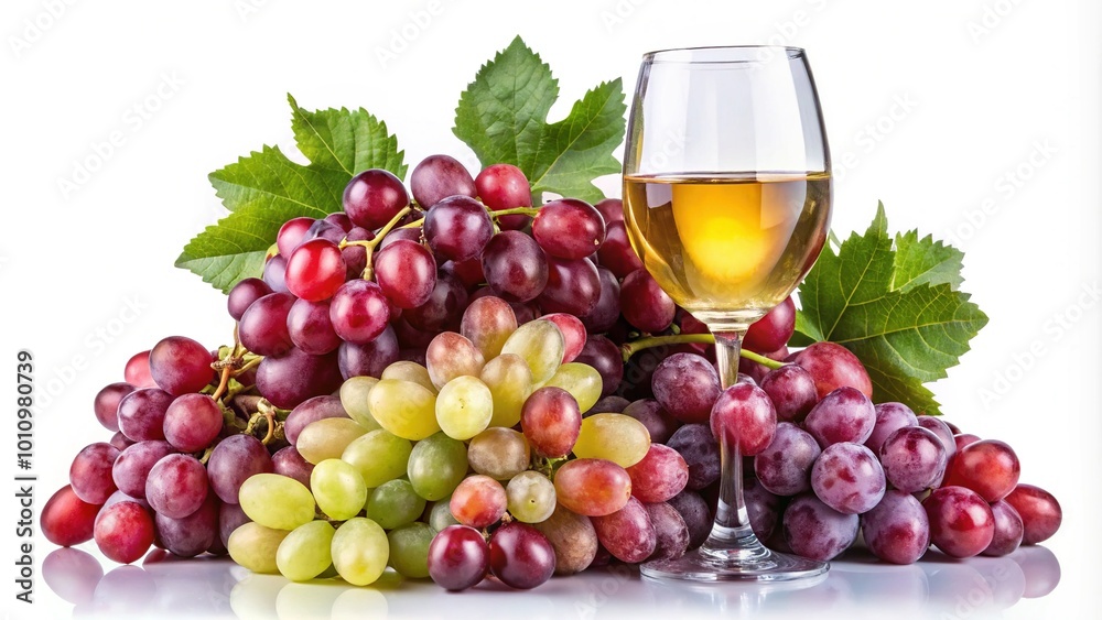 Fresh red grapes and crisp white wine beautifully isolated on a white background, ideal for culinary and beverage visuals, designs, and creative presentations. Fresh red grapes and crisp white wine beautifully isolated on a white background, ideal for culinary and beverage visuals, designs, and creative presentations.