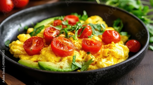 Delicious scrambled eggs served with avocado, cherry tomatoes, and herbs, representing a balanced and nutritious breakfast.