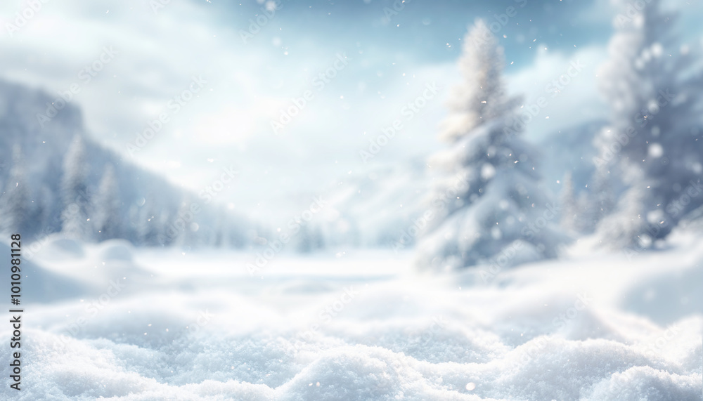 Obraz premium Serene winter landscape with snow-covered trees in tranquil setting in sunlight.