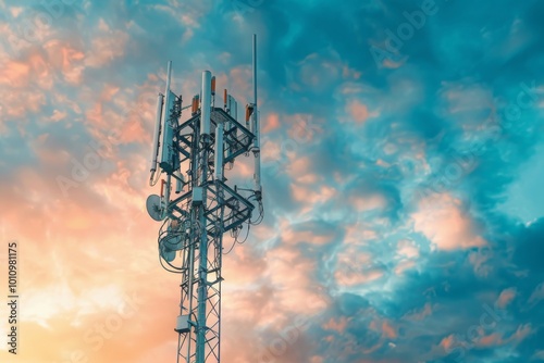Telecommunication tower cellular. Macro Base Station. 5G radio network telecommunication equipment with radio modules and smart antennas mounted on metal against a clouds sky background