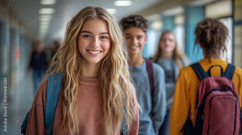 Group Of Friends Enjoying A Casual Walk Through School Hallway During Daytime Group Of Friends Enjoying A Casual Walk Through School Hallway During Daytime
