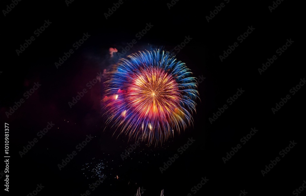 A vibrant firework display explodes in the night sky, a burst of red, yellow, and blue against the dark canvas. A vibrant firework display explodes in the night sky, a burst of red, yellow, and blue against the dark canvas.