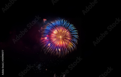 A vibrant firework display explodes in the night sky, a burst of red, yellow, and blue against the dark canvas.