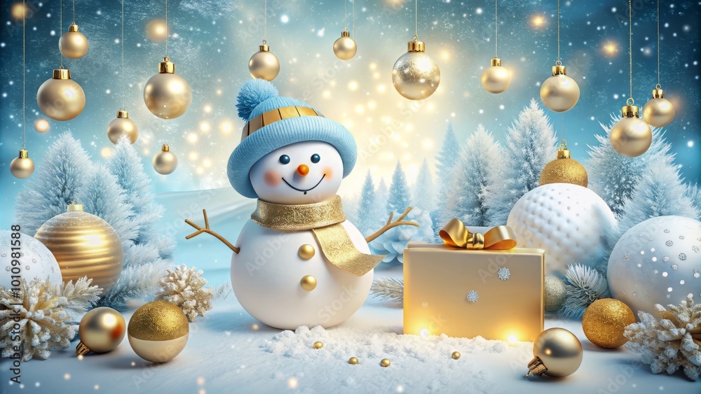 A joyful snowman stands in a winter wonderland, surrounded by sparkling snowflakes and golden ornaments, with a blank