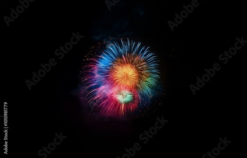 Multicolored fireworks burst against a dark night sky.