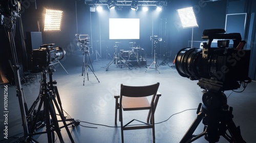 Empty chair under studio lights with broadcasting cameras and production equipment, showcasing a ready stage for media.