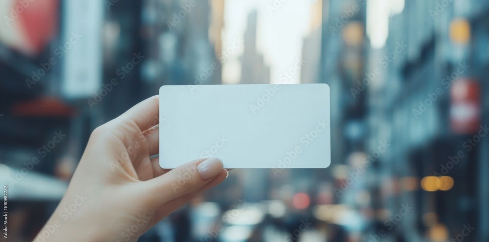 woman hand holding blank white card mockup on city background woman hand holding blank white card mockup on city background