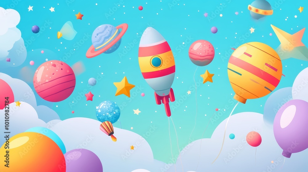 Colorful Cartoon Space Rocket and Planets Birthday Party Background Design Colorful Cartoon Space Rocket and Planets Birthday Party Background Design