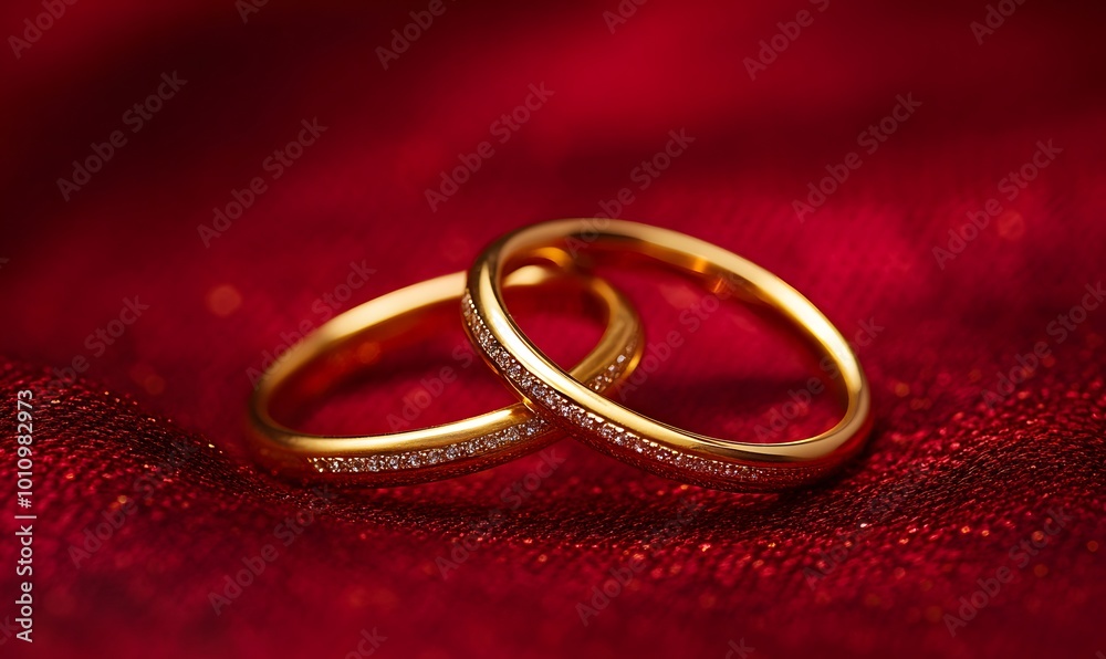 Two gold rings piled up on a red background macro focus, Generative AI Two gold rings piled up on a red background macro focus, Generative AI