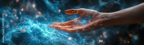 Futuristic Digital Hand with Glowing Particles and Abstract Technology Concept