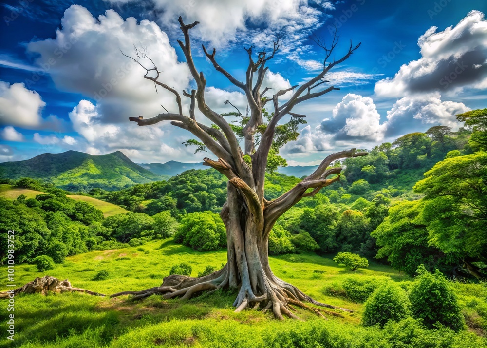 A majestic dead tree stands tall amidst vibrant greenery in Antigua, showcasing nature's resilience and breathtaking A majestic dead tree stands tall amidst vibrant greenery in Antigua, showcasing nature's resilience and breathtaking