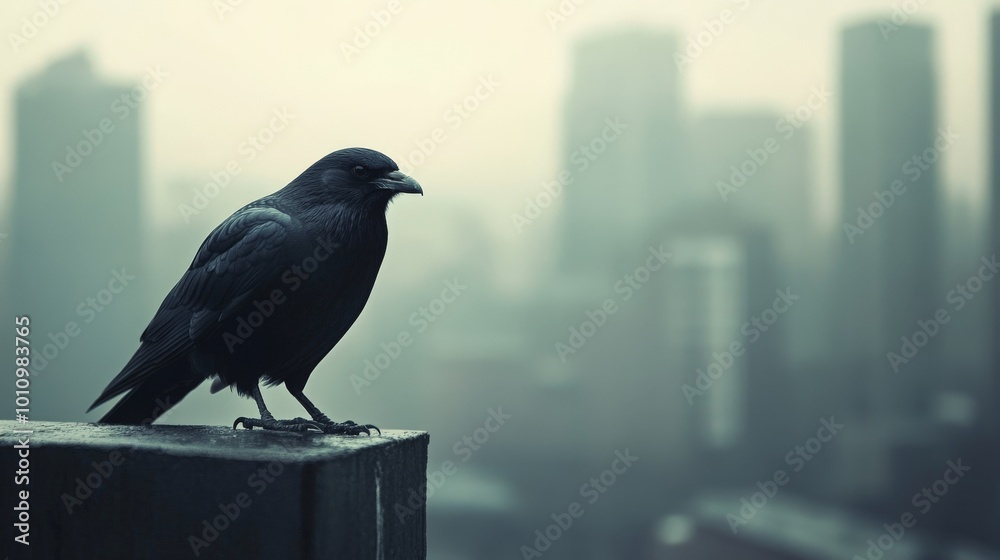 Obraz premium A black crow perched on a ledge against a backdrop of a hazy cityscape.