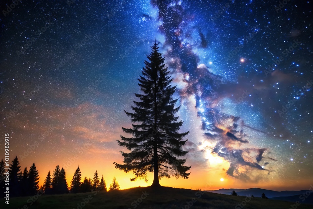 A majestic fir tree stands tall against a starry night sky, showcasing nature’s beauty in a serene landscape