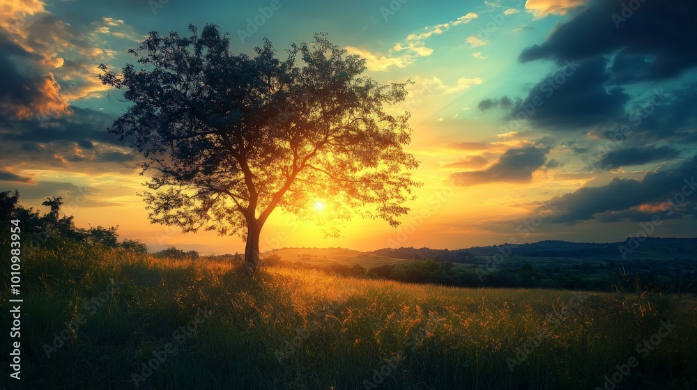 A single tree silhouetted against a vibrant sunset over a field. A single tree silhouetted against a vibrant sunset over a field.