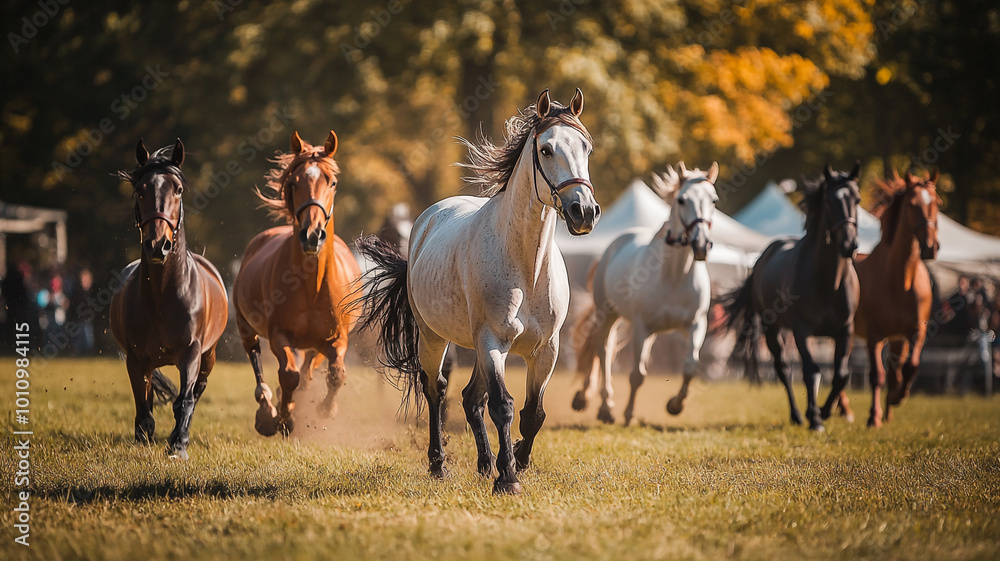 Horses galloping across a sunlit field during the National Day of the Horse celebration Horses galloping across a sunlit field during the National Day of the Horse celebration