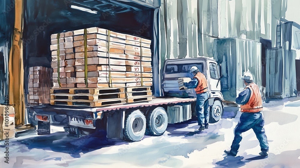 Naklejka premium Workers Loading Goods on a Truck.