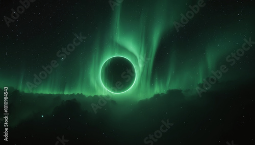 Circle shaped aurora in the night sky, alien planet and space