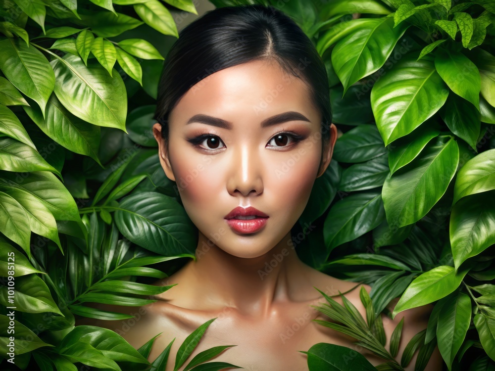 A natural beauty concept featuring an Asian woman among lush green leaves, highlighting a skincare product mockup that A natural beauty concept featuring an Asian woman among lush green leaves, highlighting a skincare product mockup that