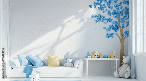 Blue Tree Wall Decal in a White Minimalist Children's Room photo