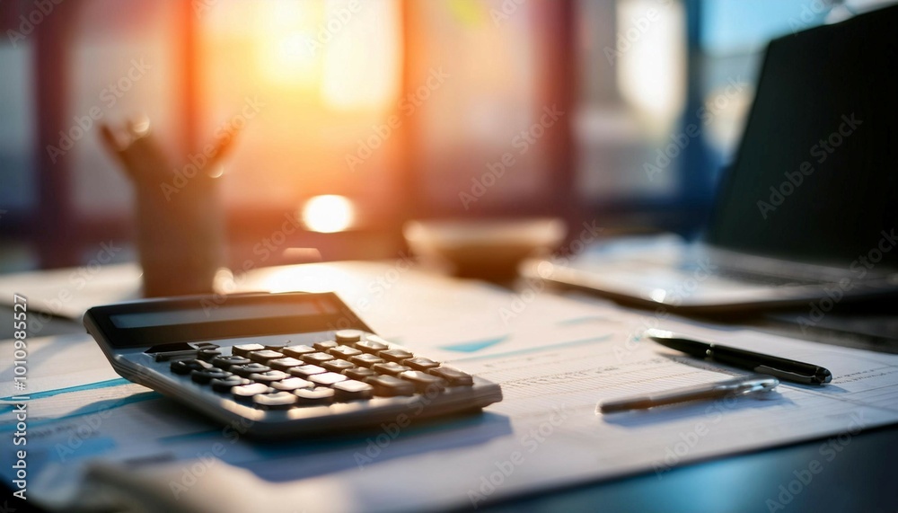 Financial documents and a calculator on a desk, symbolizing accounting, finance, and budgeting. Financial documents and a calculator on a desk, symbolizing accounting, finance, and budgeting.