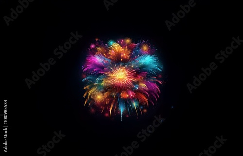 A colorful burst of fireworks explodes against a black background.