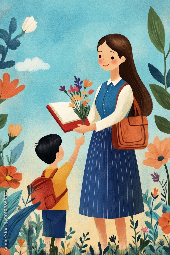 A Postcard for international teacher's day. Children congratulating teacher with flowers A Postcard for international teacher's day. Children congratulating teacher with flowers