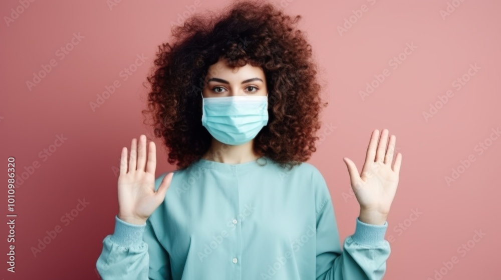 A serious young woman with curly hair, wearing a teal medical mask, stands with hands raised in front of a pink background. A serious young woman with curly hair, wearing a teal medical mask, stands with hands raised in front of a pink background.