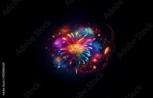 Colorful fireworks explode in a dark sky.