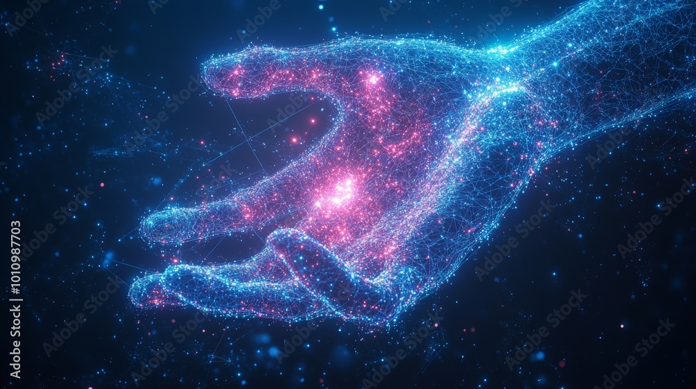 Futuristic Digital Hand with Glowing Particles and Abstract Technology Concept Futuristic Digital Hand with Glowing Particles and Abstract Technology Concept