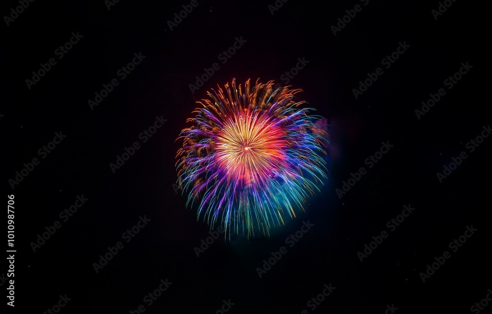 A single firework explodes in a vibrant display of color against a dark night sky. A single firework explodes in a vibrant display of color against a dark night sky.