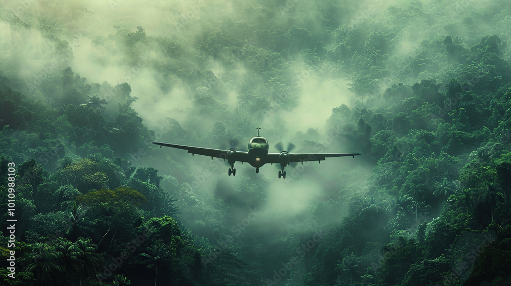 Naklejka premium A cinematic shot of airplane flying over above the misty forest