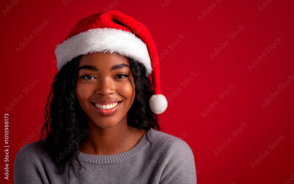Portrait of happy black woman wearing christmas santa hat over red background.
