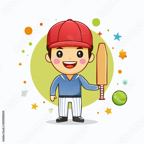 Cricketer Cute Worker Work Job Profession Professional Occupation Cartoon Character
