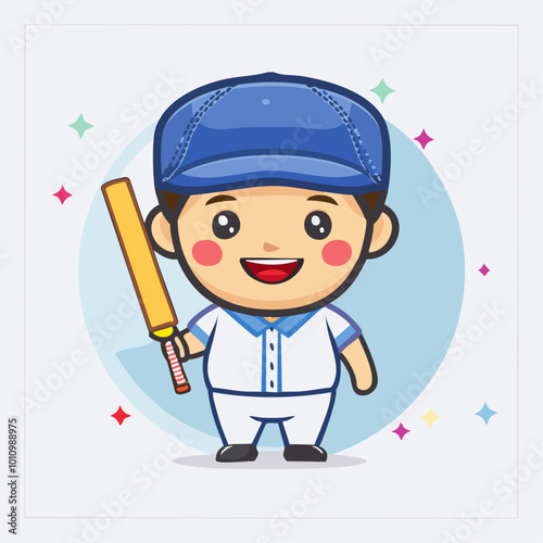 Cricketer Cute Worker Work Job Profession Professional Occupation Cartoon Character
