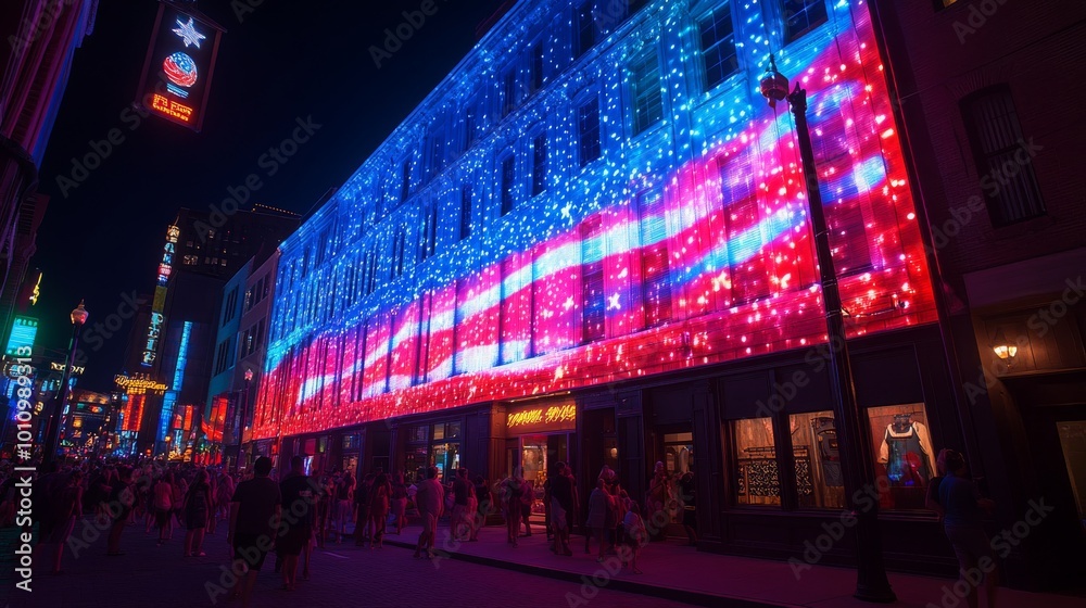 Vibrant street festival with colorful electronic lights illuminating the city at night Vibrant street festival with colorful electronic lights illuminating the city at night