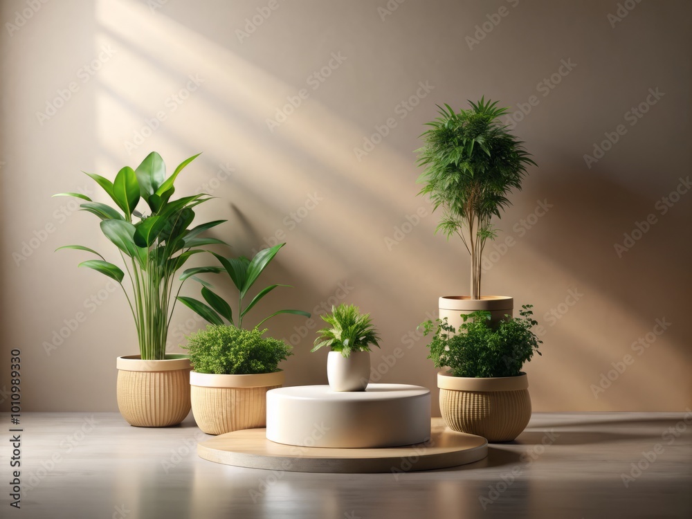 A simple indoor setting featuring potted plants and a round pedestal against a neutral backdrop, ideal for showcasing A simple indoor setting featuring potted plants and a round pedestal against a neutral backdrop, ideal for showcasing