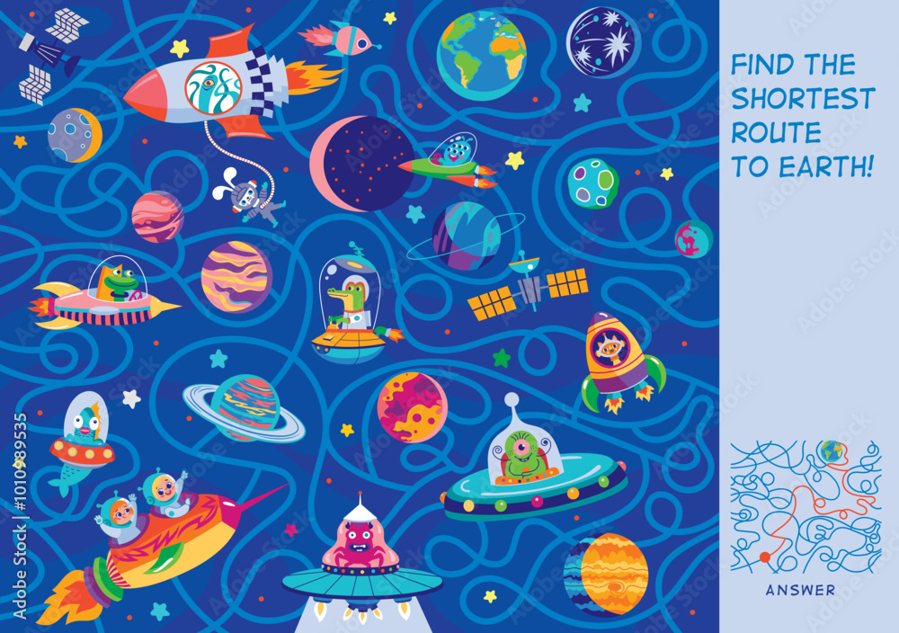 Help the children astronauts find the shortest way to Earth. Fun labyrinth for kids. Vector illustration. Cartoon characters Help the children astronauts find the shortest way to Earth. Fun labyrinth for kids. Vector illustration. Cartoon characters