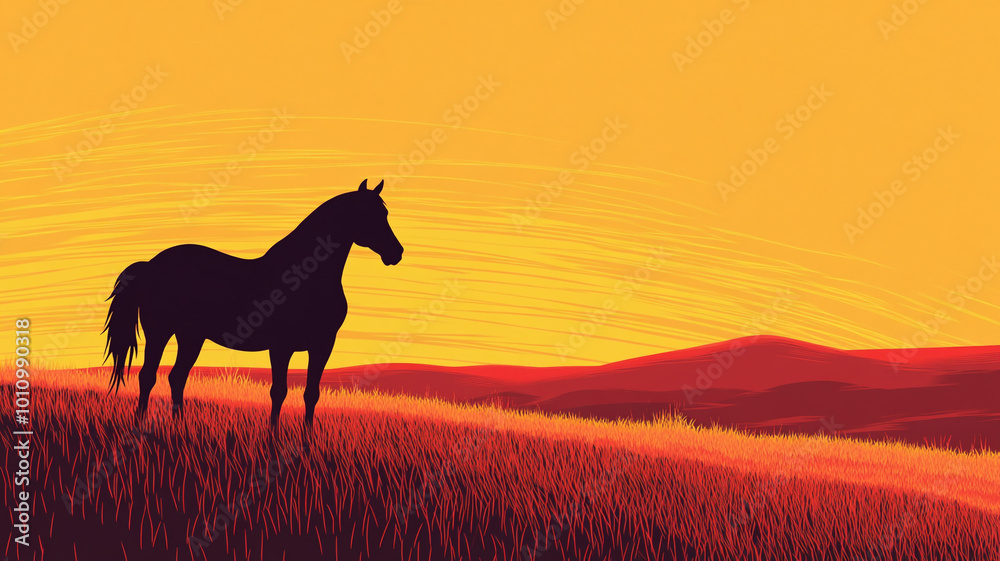 A silhouette of a horse standing majestically in a golden sunset for National Day of the Horse A silhouette of a horse standing majestically in a golden sunset for National Day of the Horse