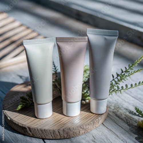 A minimalist hand cream tube with soft pastel colors and a matte finish. The packaging design features clean, simple text with minimal branding