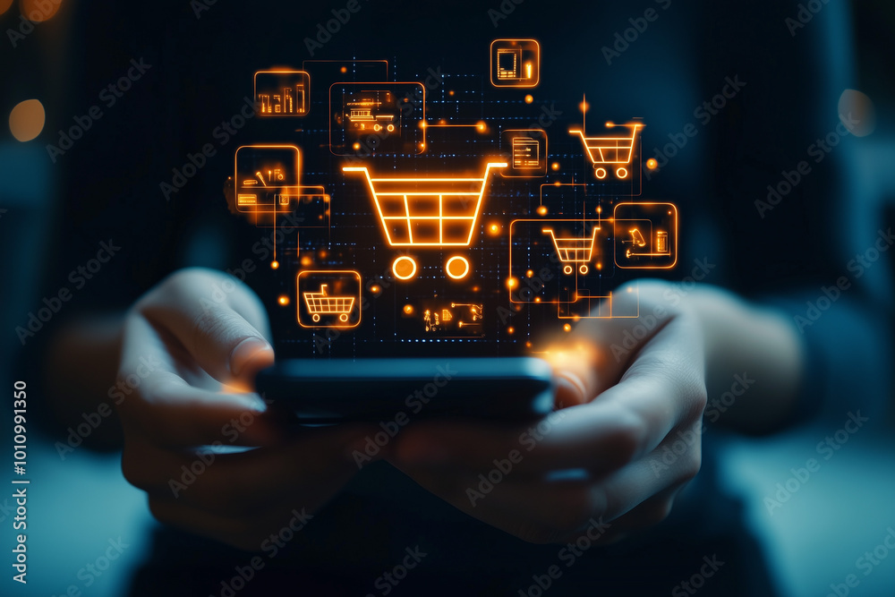 A person using a mobile phone with a glowing shopping cart icon and social media icons, representing the concept of online e-commerce and digital marketing technology A person using a mobile phone with a glowing shopping cart icon and social media icons, representing the concept of online e-commerce and digital marketing technology
