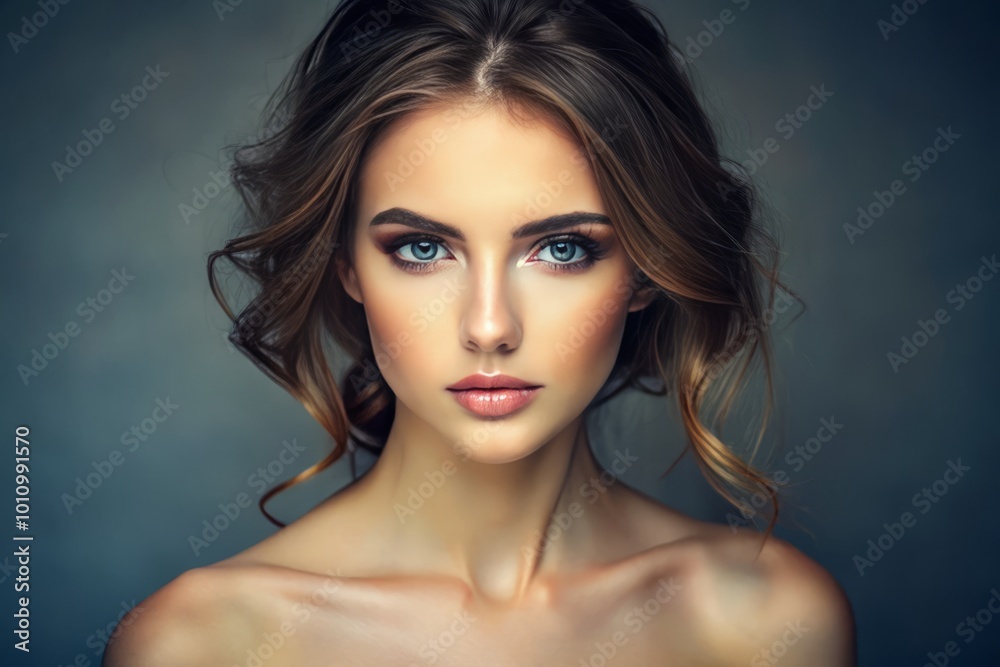 Fototapeta premium A striking young woman showcases her natural beauty with minimal makeup, bare shoulders, radiating confidence in a
