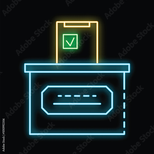 Neon sign representing voting in elections with ballot box and check mark symbol on black background