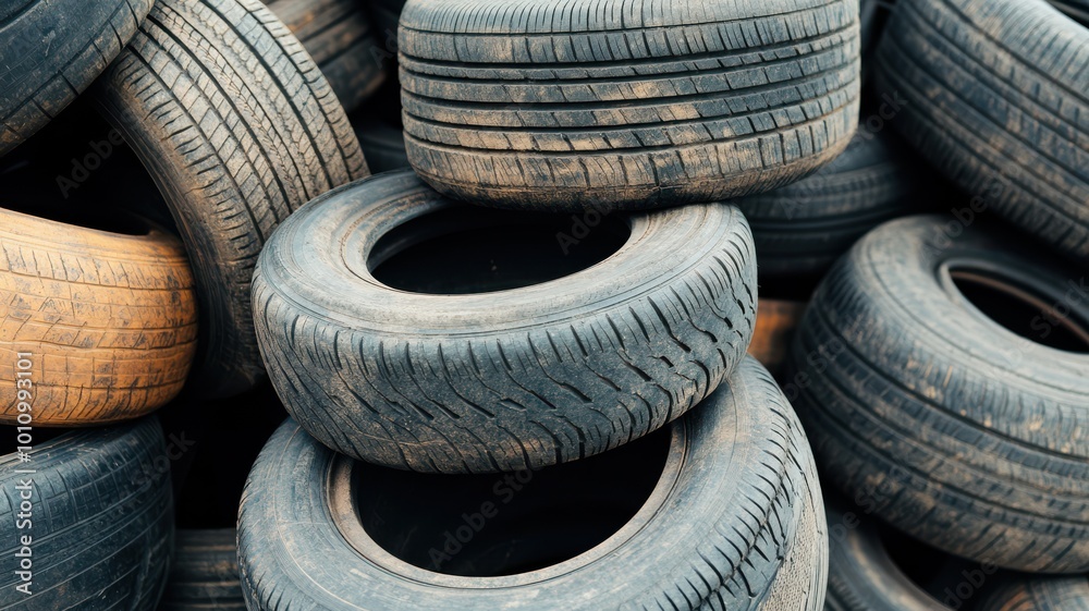 A collection of used tires stacked together, showcasing their wear and patterns. Ideal for automotive or recycling themes. A collection of used tires stacked together, showcasing their wear and patterns. Ideal for automotive or recycling themes.