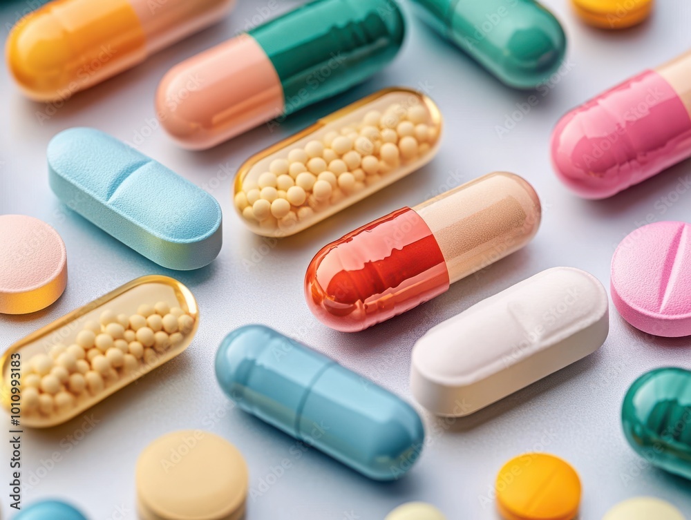 A colorful arrangement of various capsules, pills, and tablets, showcasing different shapes and sizes for healthcare and wellness themes. A colorful arrangement of various capsules, pills, and tablets, showcasing different shapes and sizes for healthcare and wellness themes.