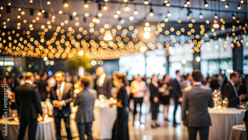 Blurred Corporate Event Reception - Reception area of a corporate event with attendees blurred in the background.	