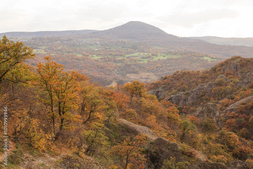 a panoramic view of autumn landscape with mountain hills surrounded by trees with yellow and red foliage at birtvisi canyon in georgia at a sunset light a panoramic view of autumn landscape with mountain hills surrounded by trees with yellow and red foliage at birtvisi canyon in georgia at a sunset light