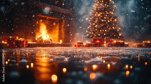 Cozy Christmas Scene with Fire and Decorated Tree