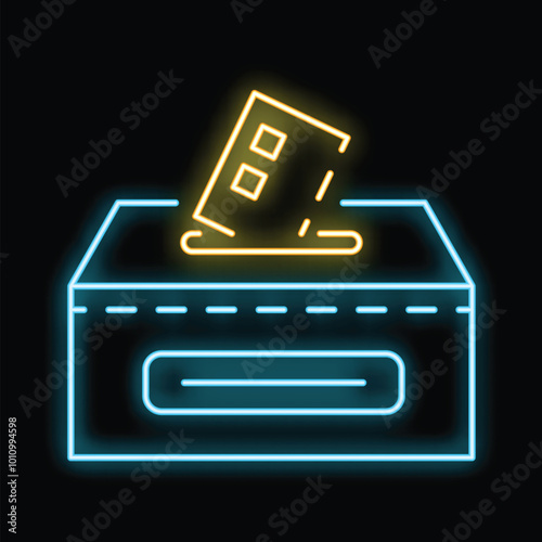 Neon sign representing a ballot paper dropping in a ballot box, on black background