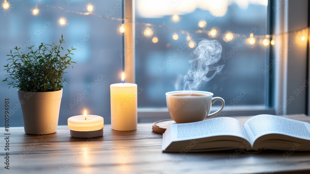 A cozy scene with a steaming cup, candles, an open book, and a plant by the window, creating a peaceful ambiance. A cozy scene with a steaming cup, candles, an open book, and a plant by the window, creating a peaceful ambiance.